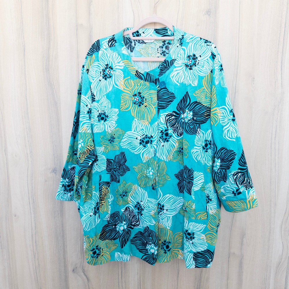 Erin by Erin London Linen Beaded Jacket 1X Blue Floral Coastal Artsy Resort
